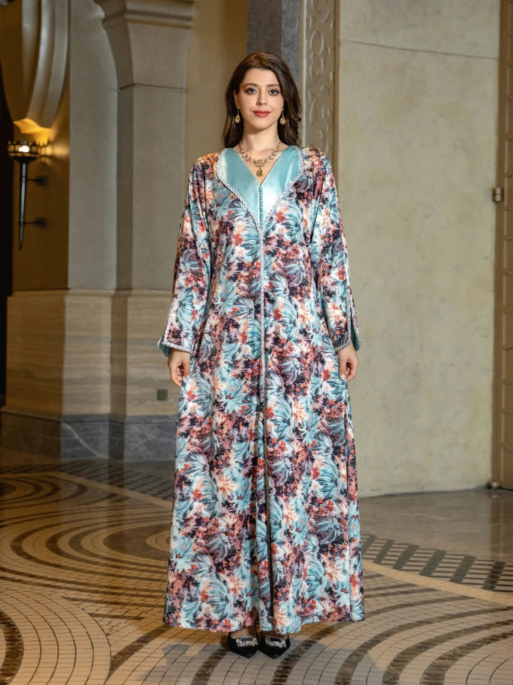 Caftan Fleuri Marocain Bleu - Mode Caftan