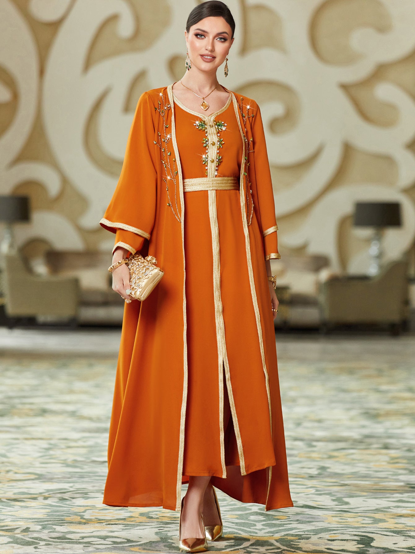 Caftan Marocain Orange et Doré - Mode Caftan