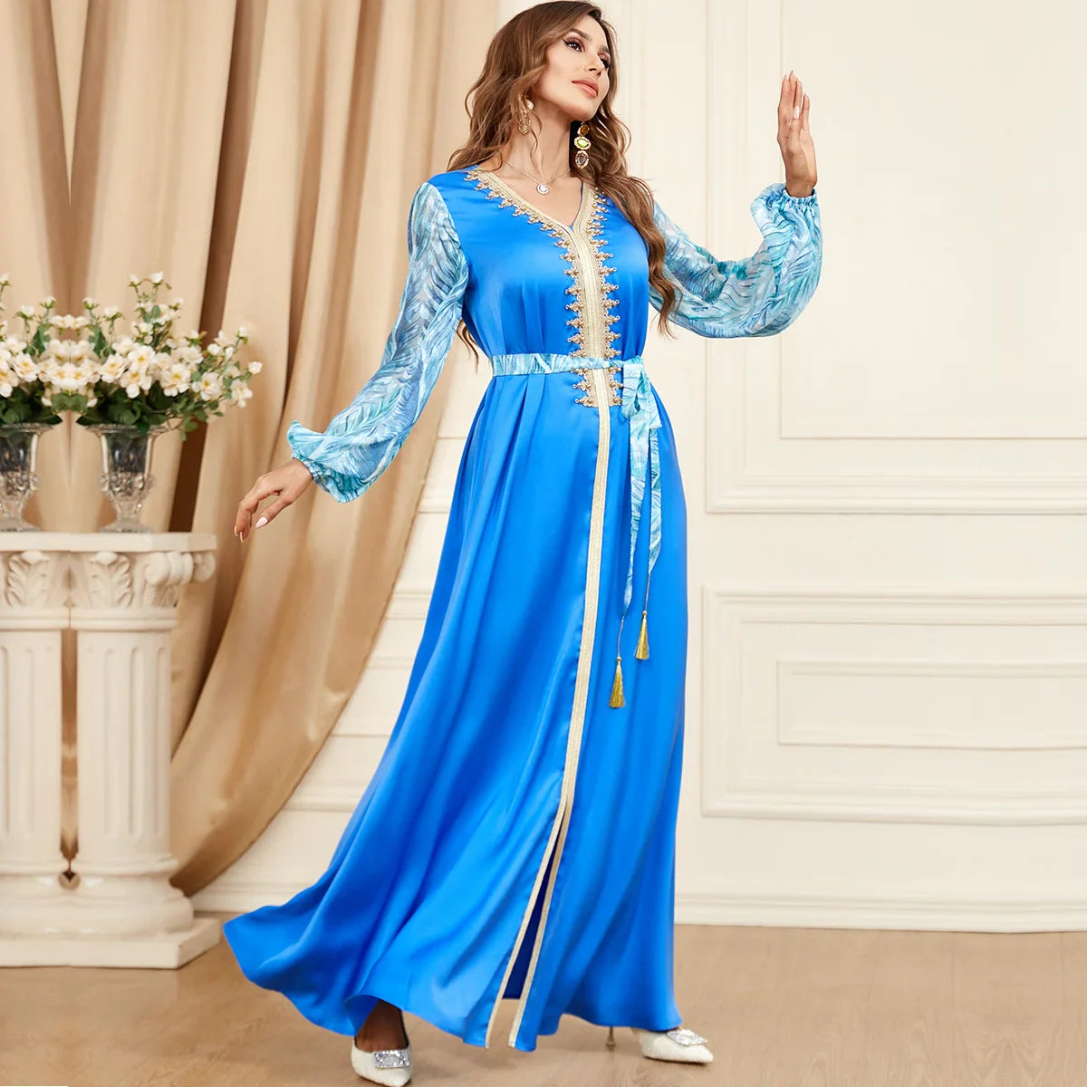 Caftan Simple Bleu Manches Longues